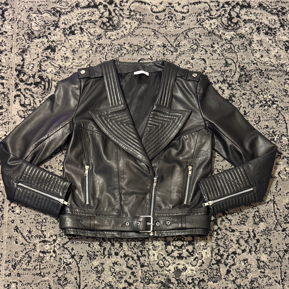 Black genuine Leather angular collar French Moto Jacket